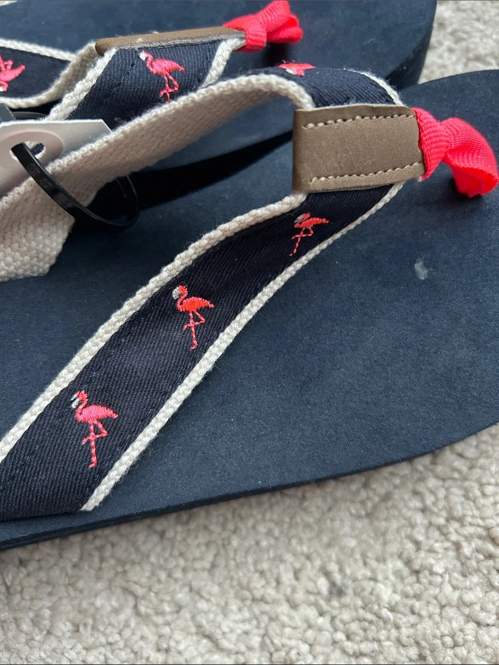 J. Crew Navy Platform Flip Flops with Coral Flamingo Embroidery